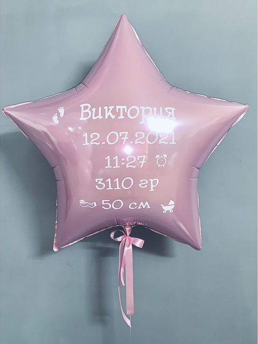 Шар звезда розовая на выписку для девочки с индивидуальной надписью метрика 91 см