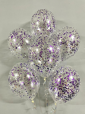 Латексный прозрачный шар с конфетти  серебро и фиолетовый 30 см