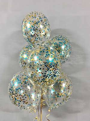 Латексный прозрачный шар с конфетти золотой и синий 30 см
