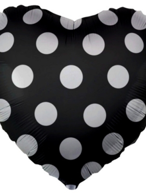 Фольгированный шар сердце Черное в белый горошек 46 см